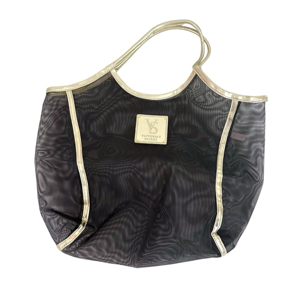 Victoria’s Secret Black Sheer Mesh Tote with Gold Trim – Carryall Bag